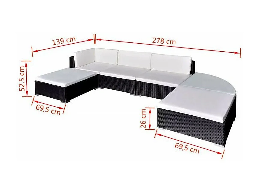 Salon de jardin 6 pièces résine tressée noir coussins blanc Mik