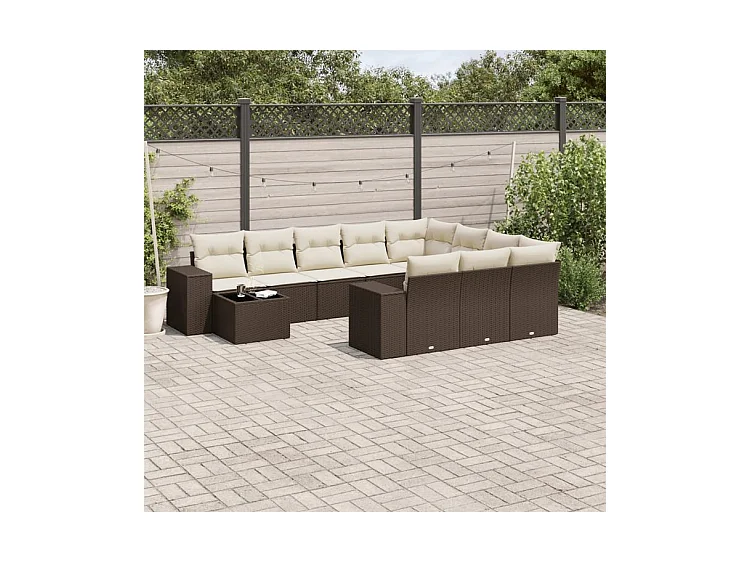Salon de jardin et coussins 11 pcs marron résine tressée