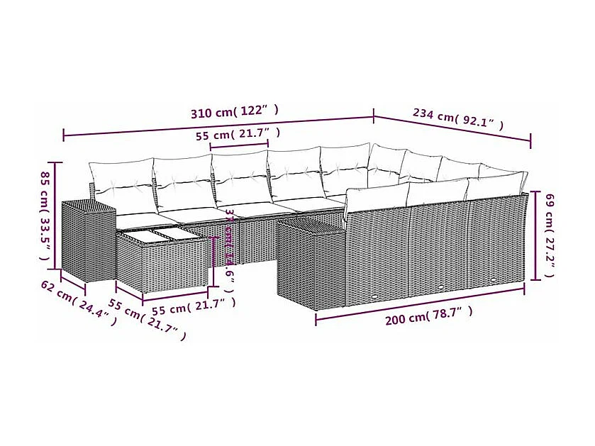 Salon de jardin et coussins 11 pcs marron résine tressée