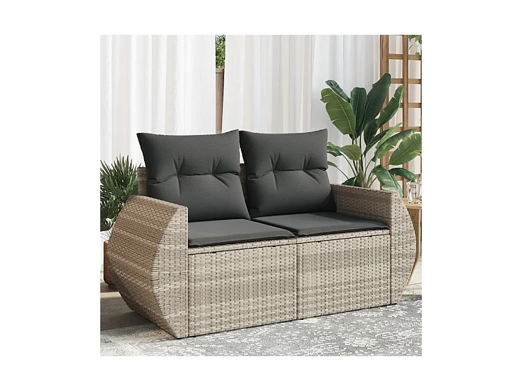 Canapé de jardin 2 places et coussins gris clair résine tressée