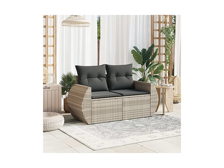 Canapé de jardin 2 places et coussins gris clair résine tressée