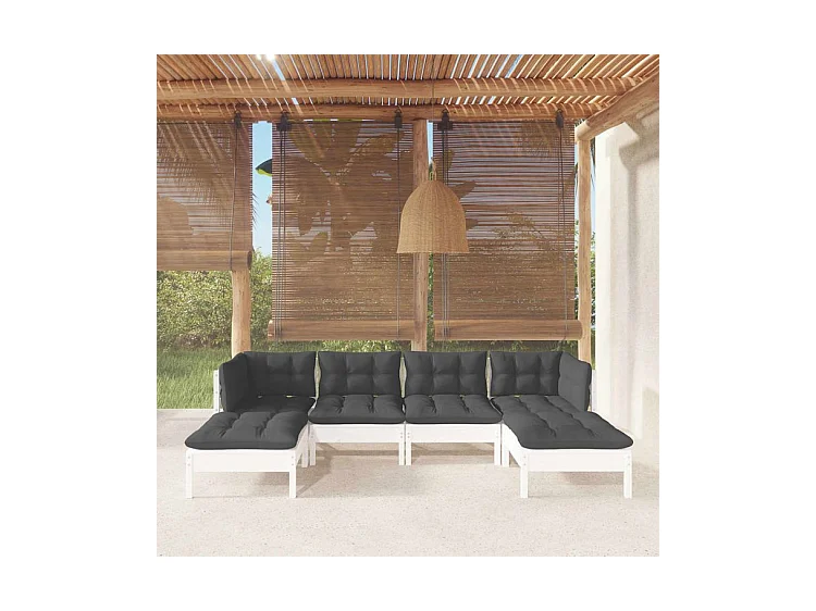 Salon de jardin 6 pcs avec coussins Blanc Bois de pin
