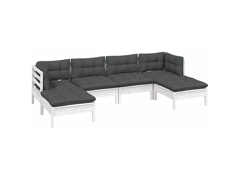 Salon de jardin 6 pcs avec coussins Blanc Bois de pin