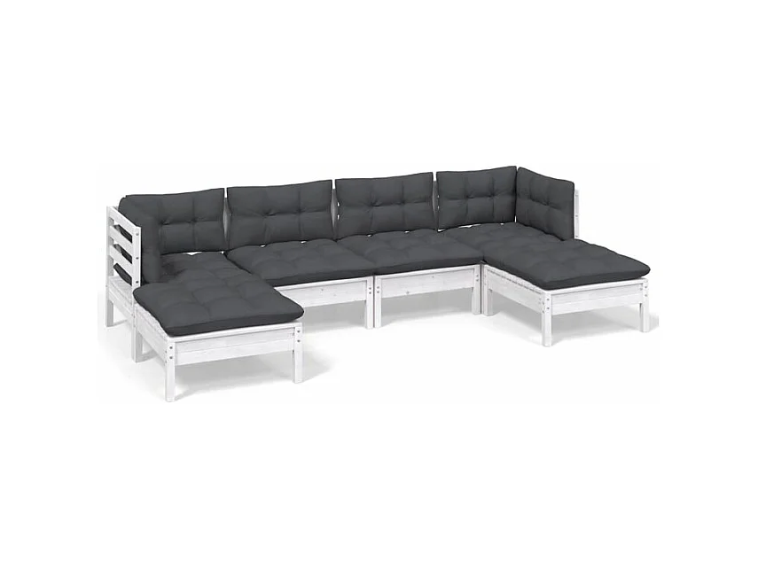 Salon de jardin 6 pcs avec coussins Blanc Bois de pin