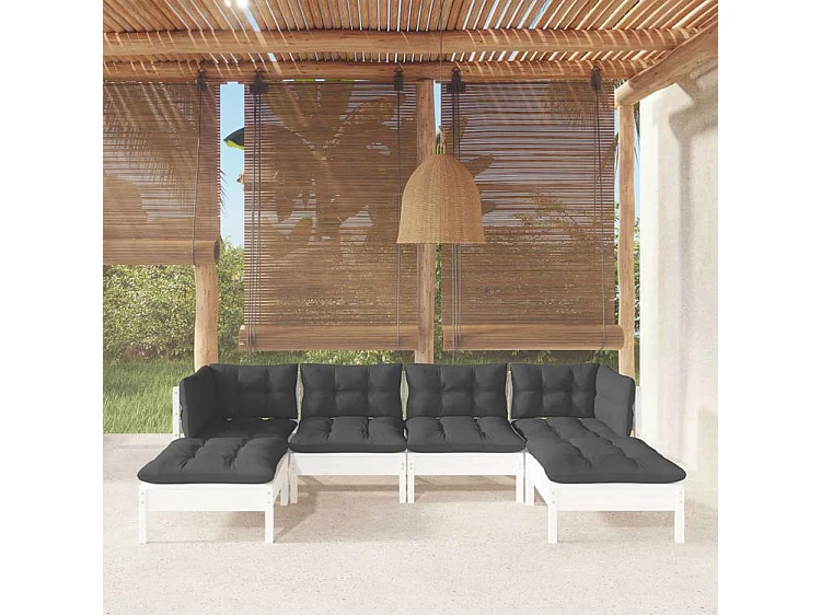 Salon de jardin 6 pcs avec coussins Blanc Bois de pin