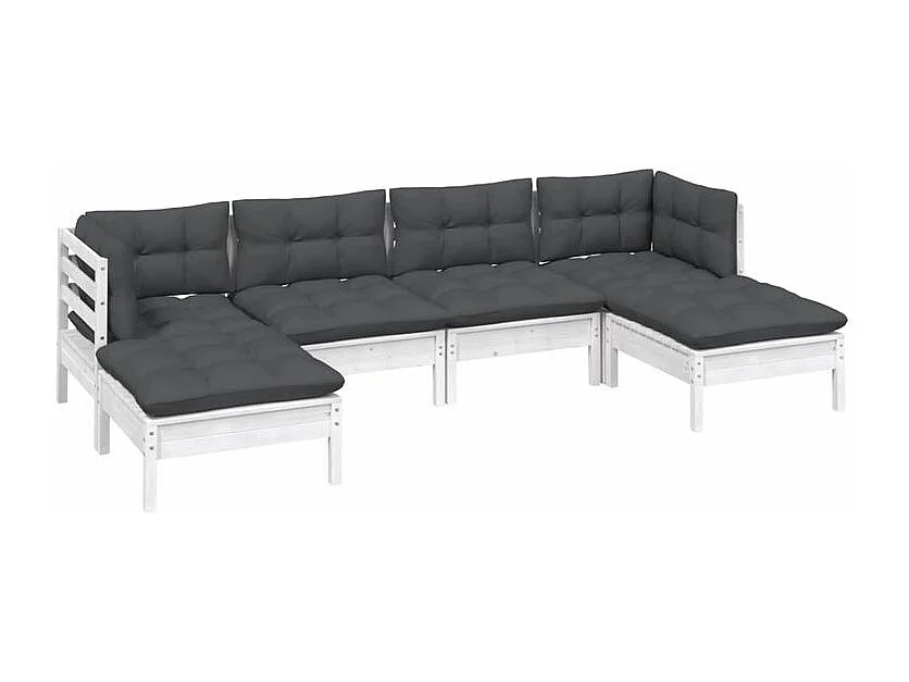 Salon de jardin 6 pcs avec coussins Blanc Bois de pin