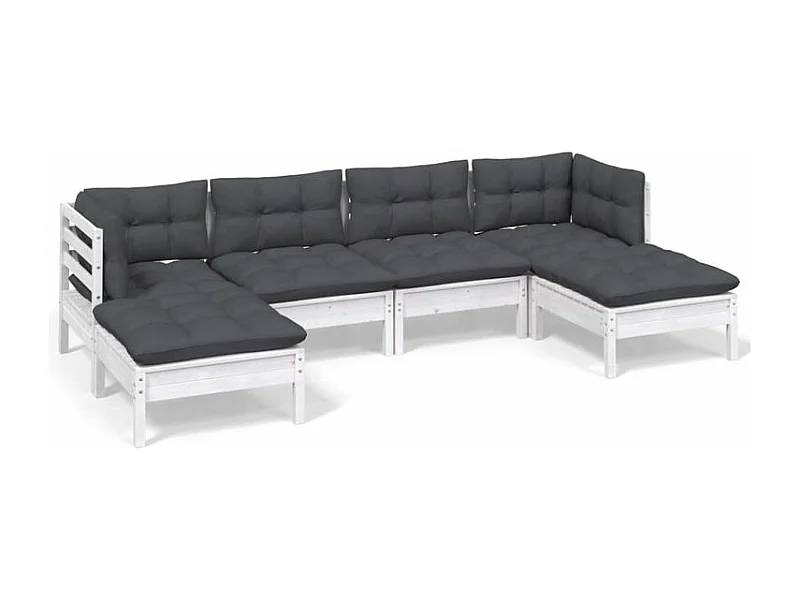 Salon de jardin 6 pcs avec coussins Blanc Bois de pin