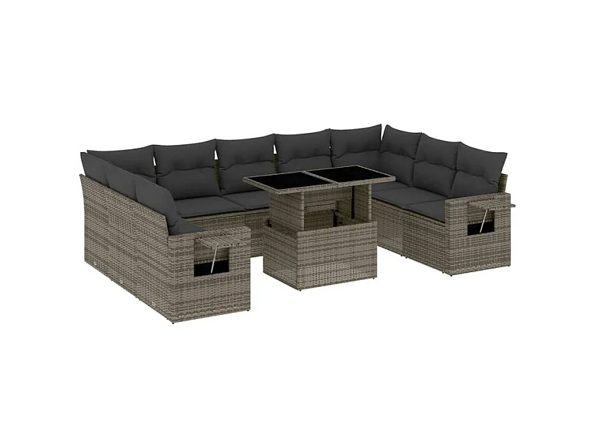 Salon de jardin avec coussins 10 pcs gris résine tressée