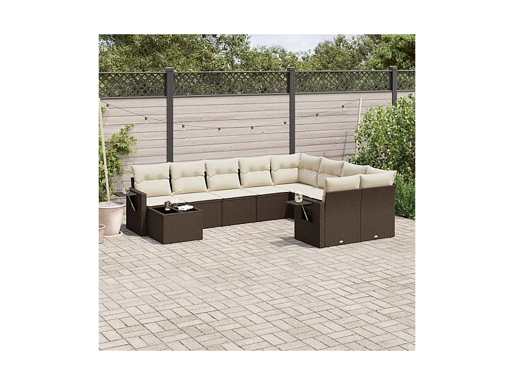 Salon de jardin 10 pcs avec coussins marron résine tressée