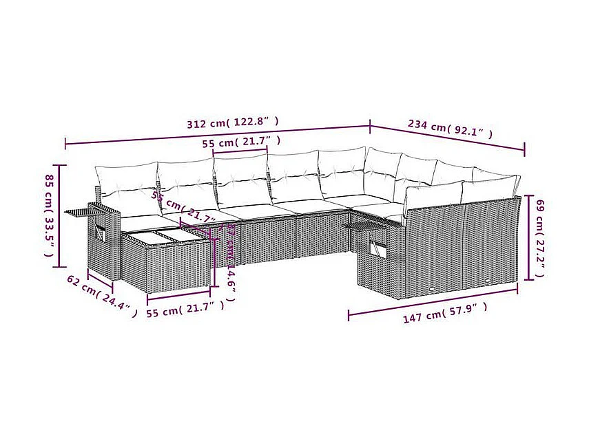 Salon de jardin 10 pcs avec coussins marron résine tressée