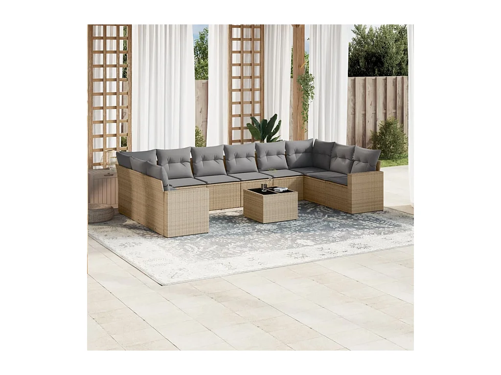Salon de jardin 11 pcs avec coussins beige résine tressée