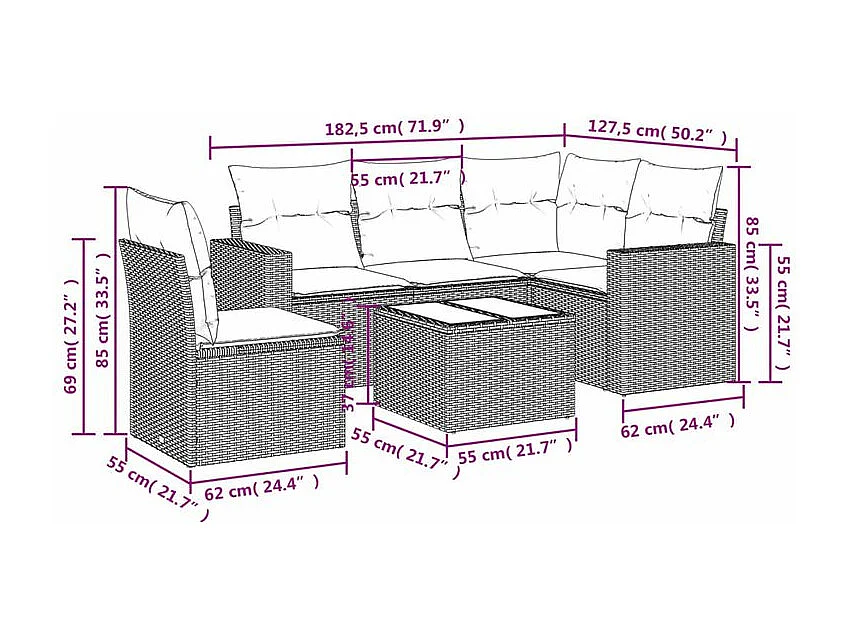 Salon de jardin avec coussins 6 pcs marron résine tressée