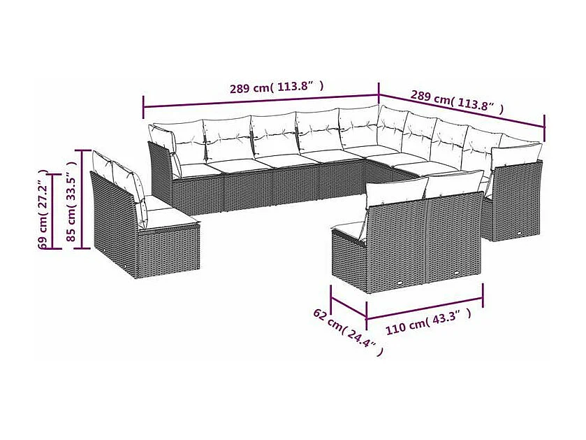 Salon de jardin avec coussins 13 pcs gris clair résine tressée