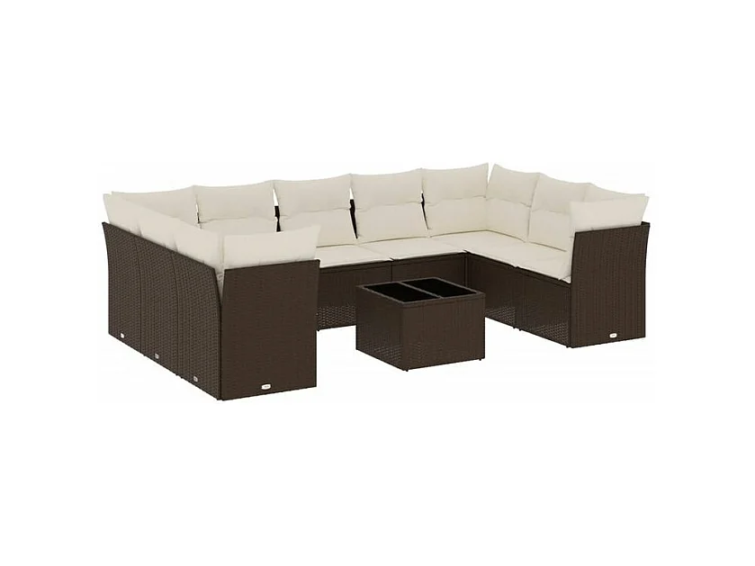 Salon de jardin 10 pcs avec coussins marron résine tressée