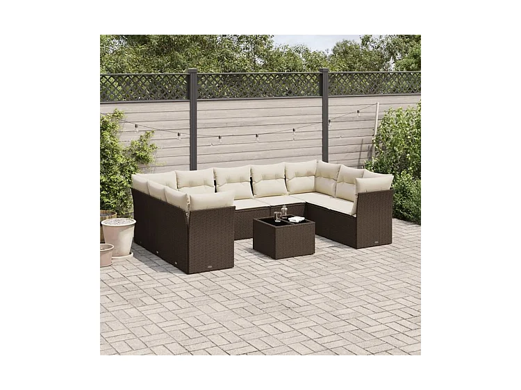 Salon de jardin 10 pcs avec coussins marron résine tressée