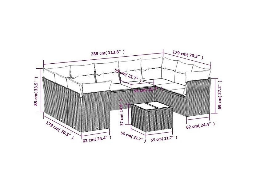 Salon de jardin 10 pcs avec coussins marron résine tressée