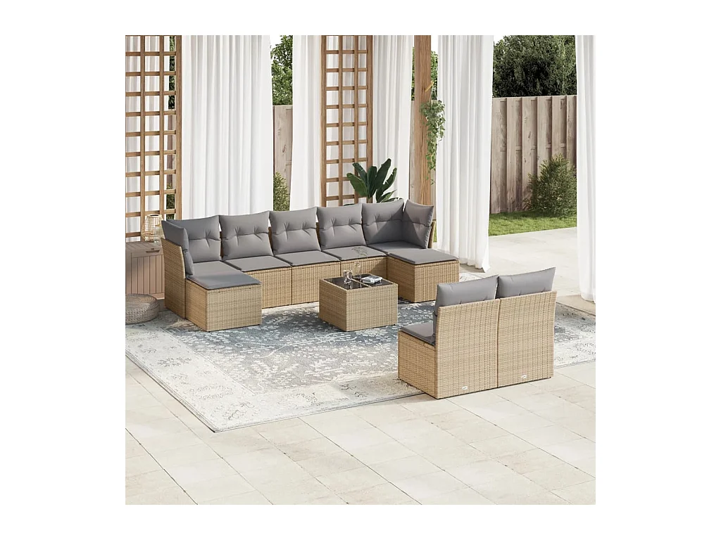 Salon de jardin avec coussins 10 pcs beige résine tressée