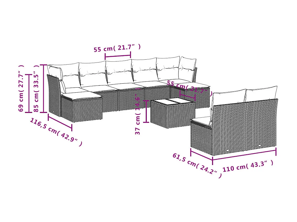 Salon de jardin avec coussins 10 pcs beige résine tressée