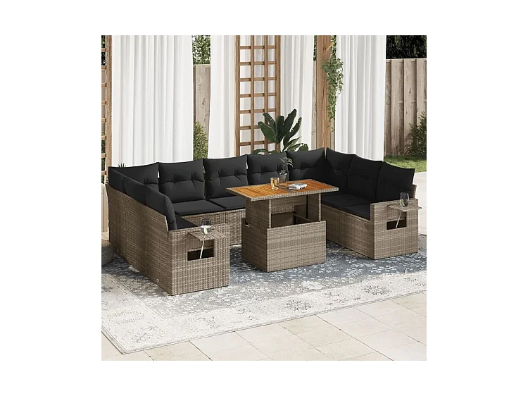 Salon de jardin avec coussins 10 pcs gris résine tressée