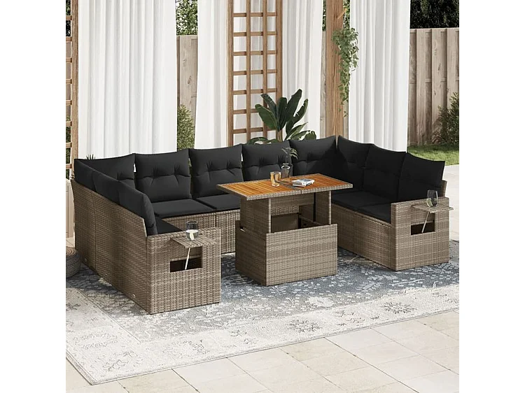 Salon de jardin avec coussins 10 pcs gris résine tressée