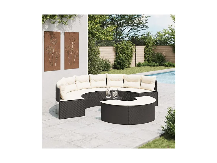 Salon de jardin 3 pcs demi-rond noir résine tressée