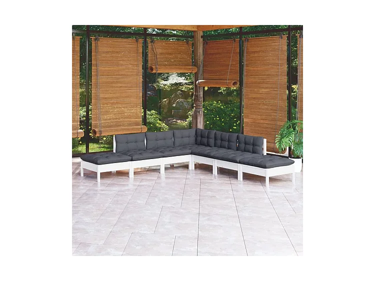 Salon de jardin 7 pcs avec coussins blanc bois de pin