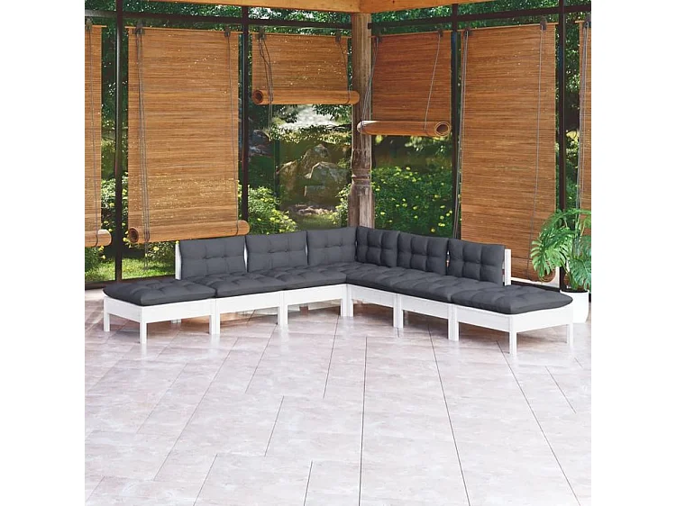 Salon de jardin 7 pcs avec coussins blanc bois de pin