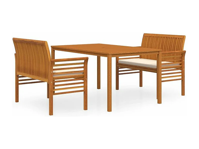 Ensemble à dîner d'extérieur 3 pcs et coussins Acacia solide