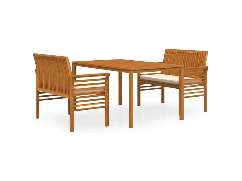 Ensemble à dîner d'extérieur 3 pcs et coussins Acacia solide