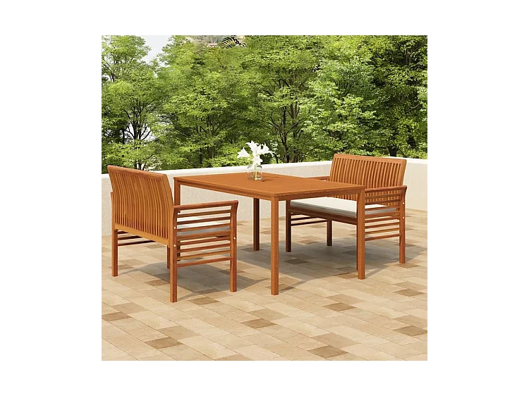 Ensemble à dîner d'extérieur 3 pcs et coussins Acacia solide