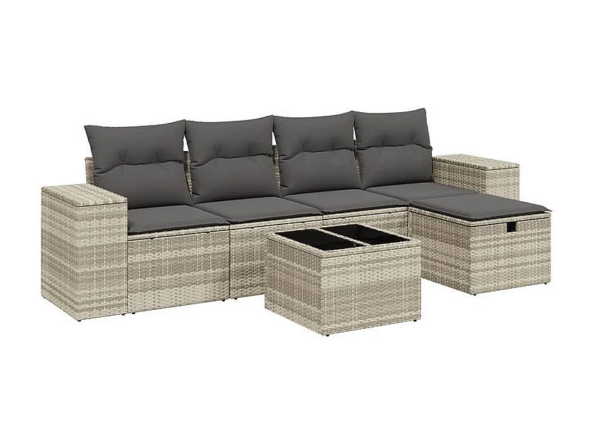 Salon de jardin 6 pcs avec coussins gris clair résine tressée