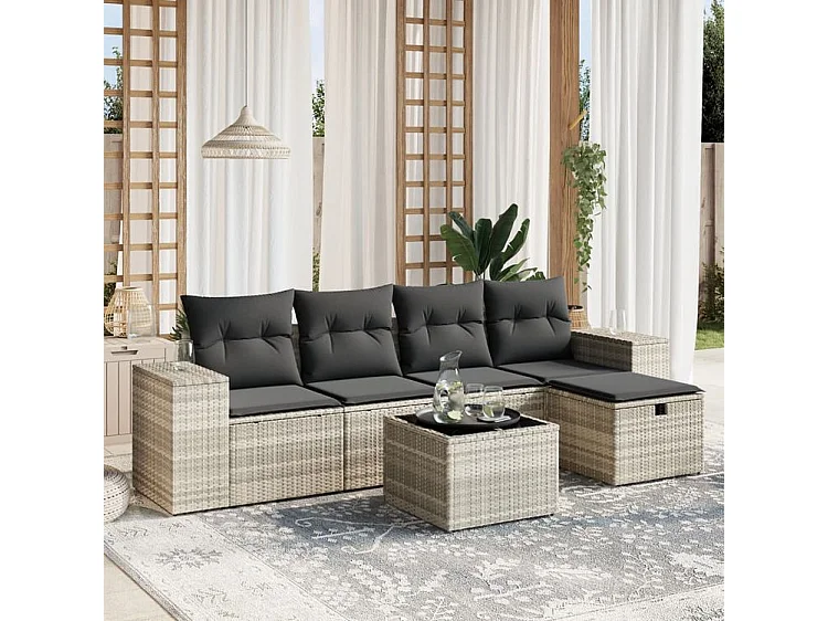 Salon de jardin 6 pcs avec coussins gris clair résine tressée