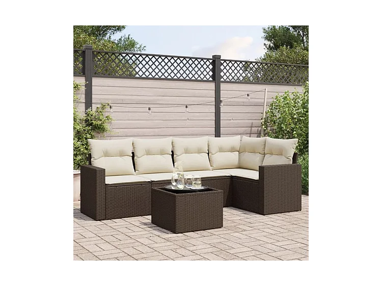 Salon de jardin avec coussins 6 pcs marron résine tressée