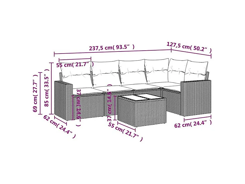 Salon de jardin avec coussins 6 pcs marron résine tressée