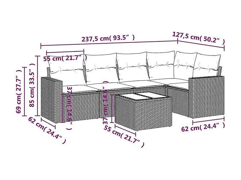 Salon de jardin avec coussins 6 pcs marron résine tressée