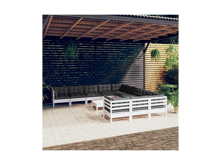 Salon de jardin 12 pcs avec coussins blanc bois de pin