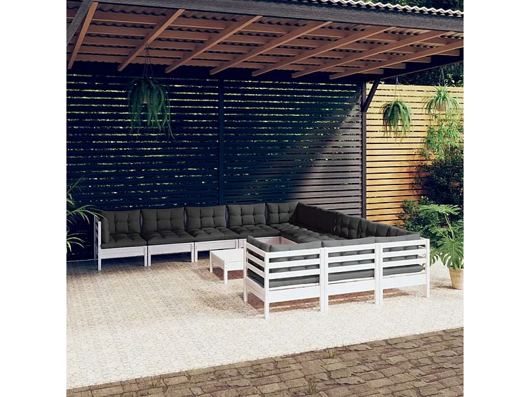 Salon de jardin 12 pcs avec coussins blanc bois de pin