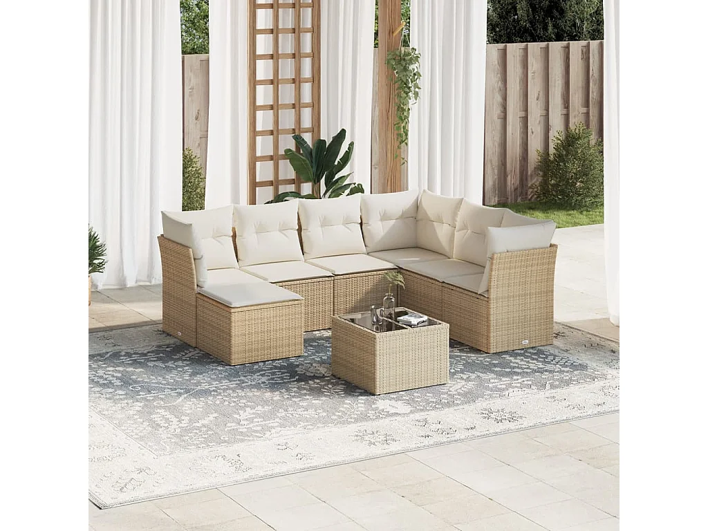 Salon de jardin avec coussins 8 pcs beige résine tressée