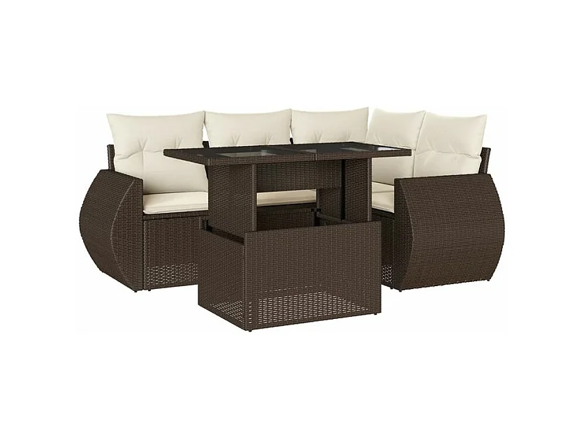 Salon de jardin avec coussins 5 pcs marron résine tressée