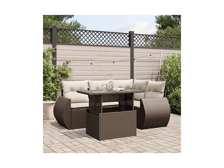 Salon de jardin avec coussins 5 pcs marron résine tressée