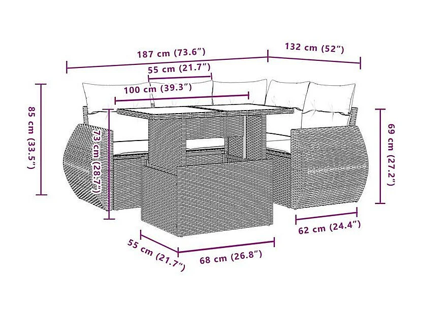 Salon de jardin avec coussins 5 pcs marron résine tressée