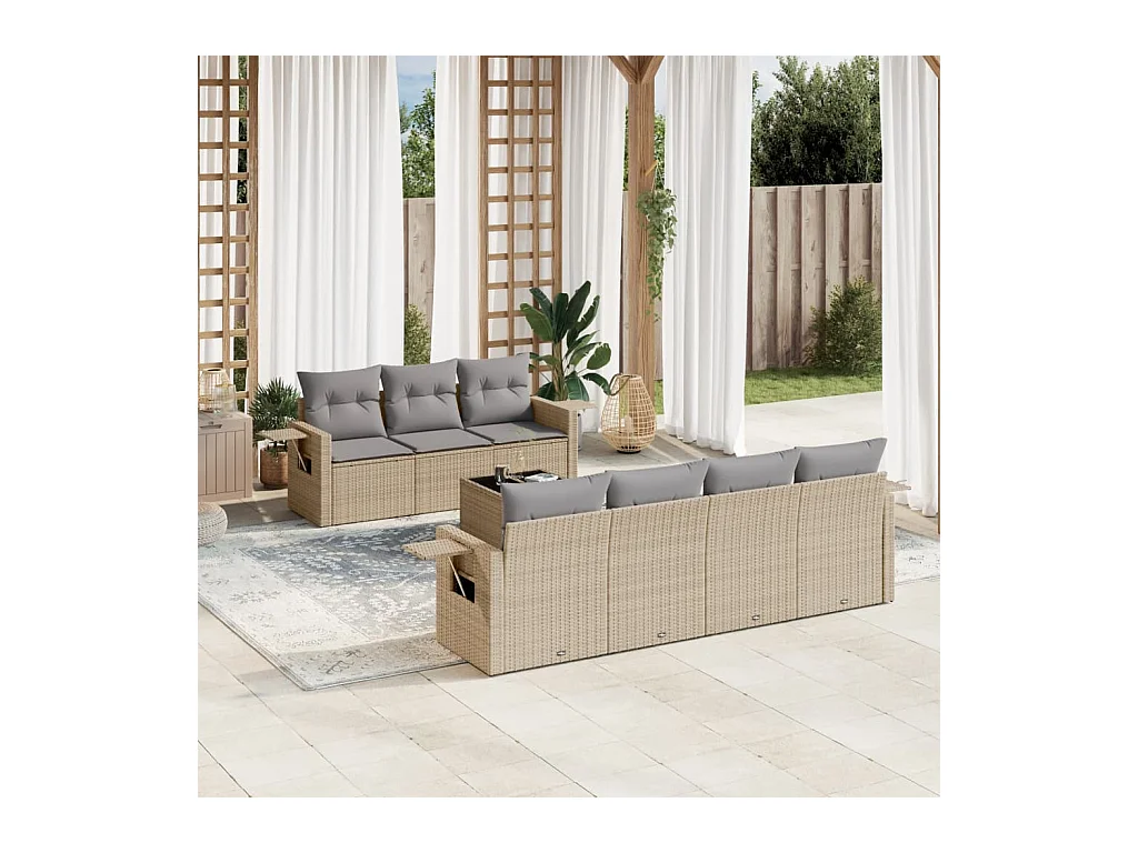 Salon de jardin avec coussins 8 pcs beige résine tressée