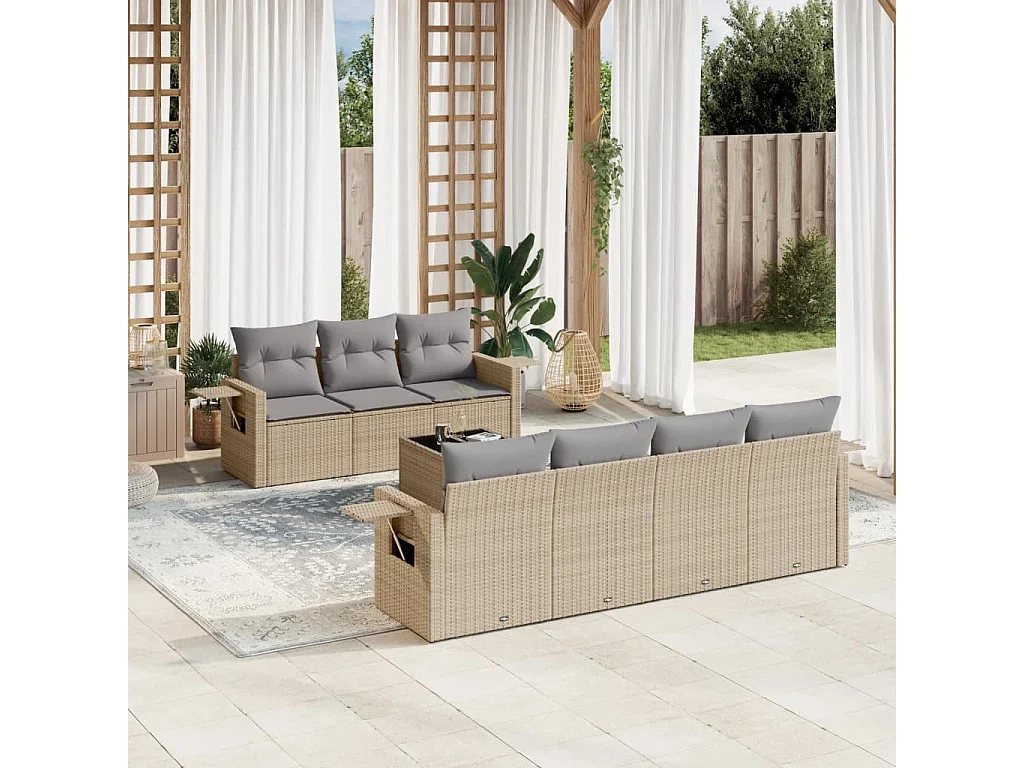 Salon de jardin avec coussins 8 pcs beige résine tressée