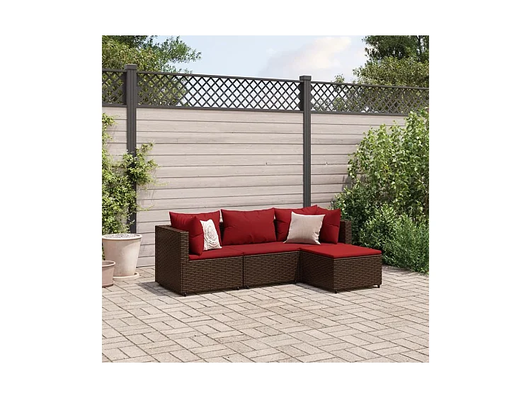 Salon de jardin 4 pcs avec coussins Marron Résine tressée