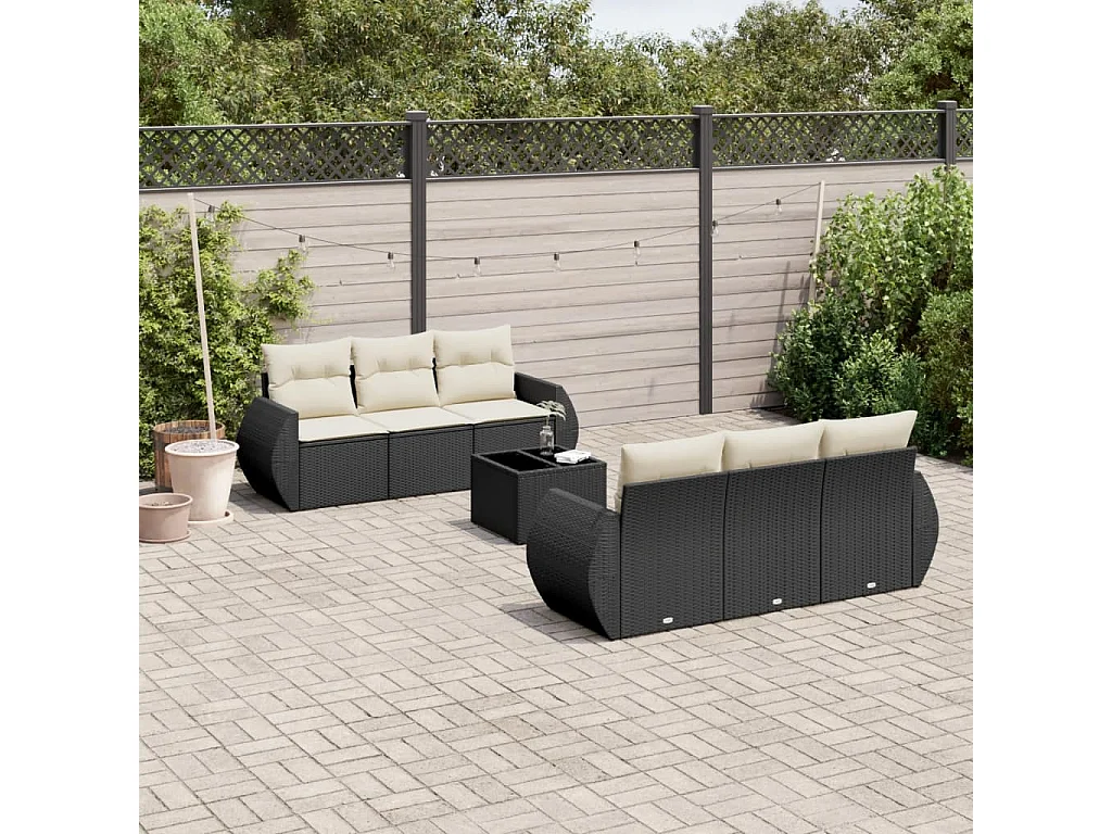 Salon de jardin 7 pcs avec coussins noir résine tressée