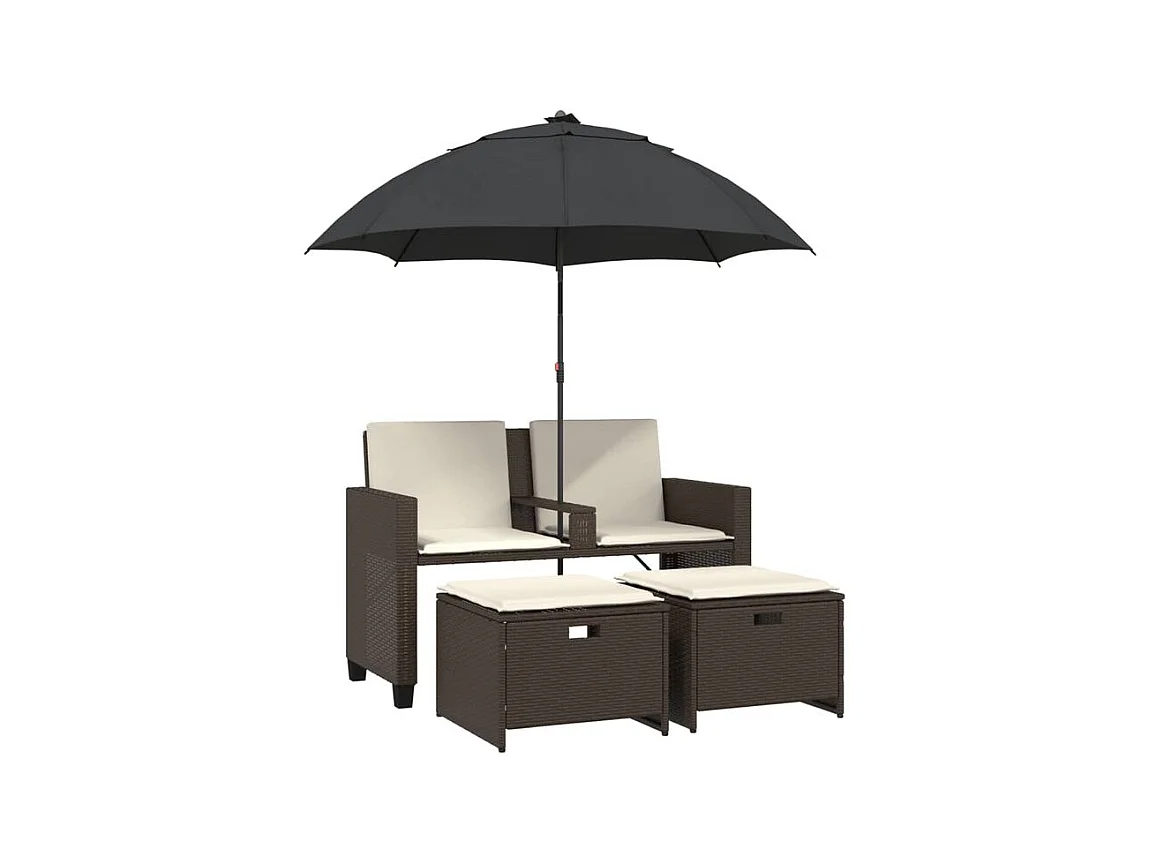 Canapé de jardin 2 places et parasol et tabourets marron rotin