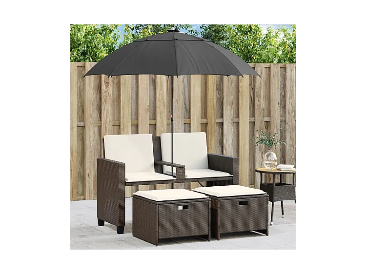 Canapé de jardin 2 places et parasol et tabourets marron rotin