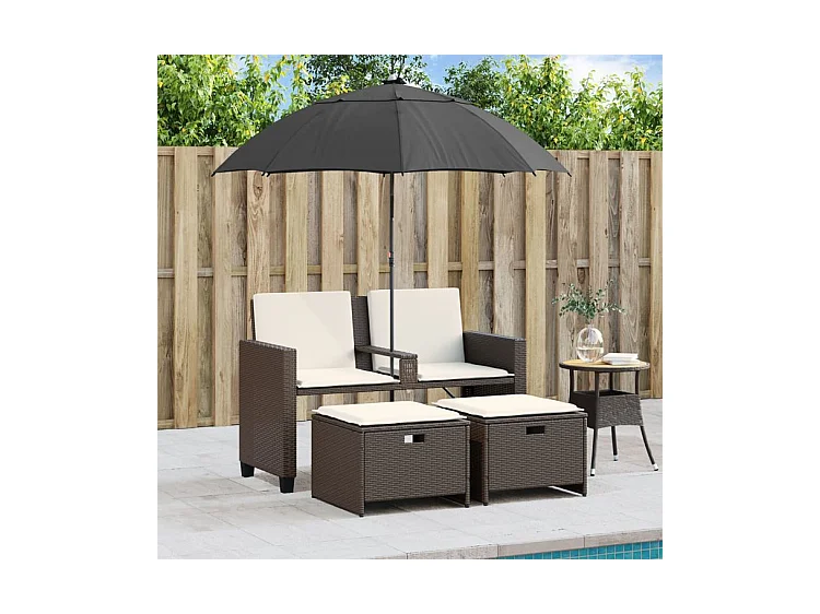 Canapé de jardin 2 places et parasol et tabourets marron rotin