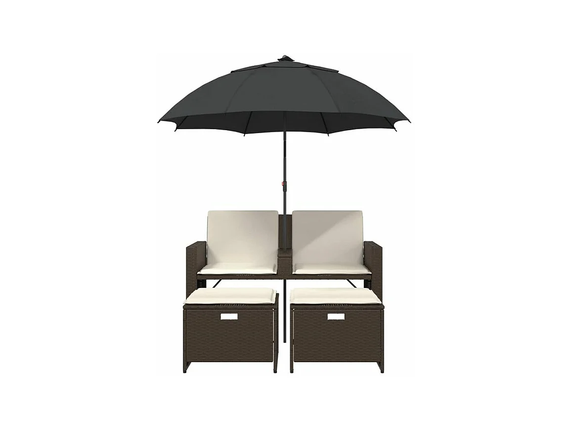 Canapé de jardin 2 places et parasol et tabourets marron rotin