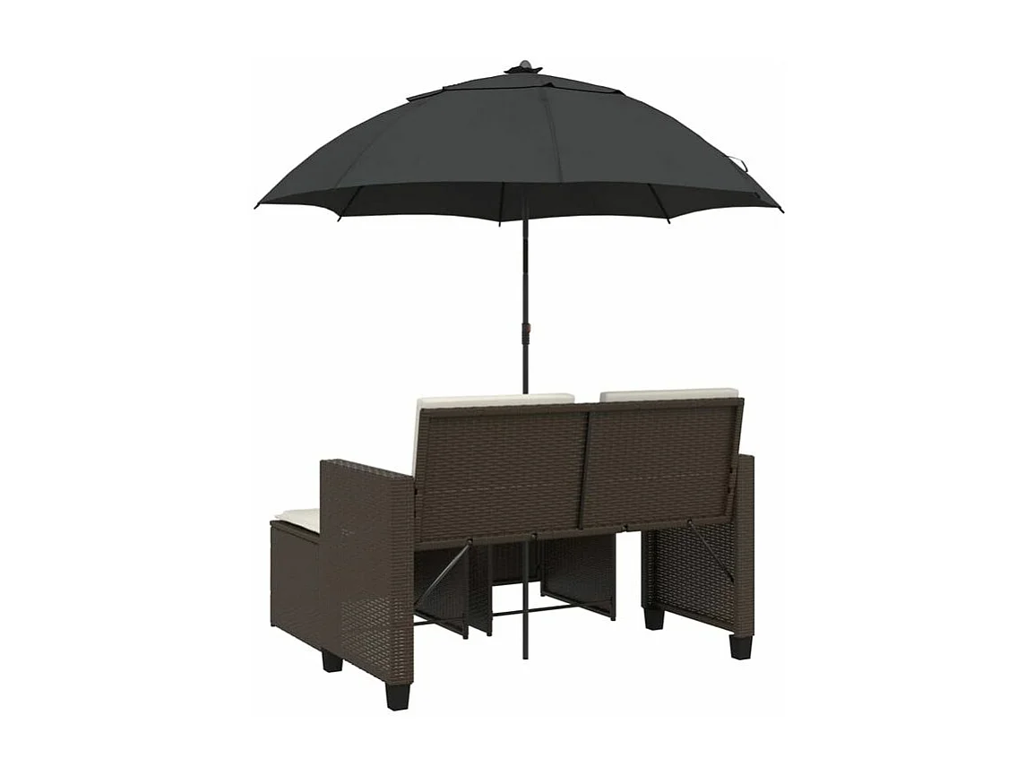 Canapé de jardin 2 places et parasol et tabourets marron rotin